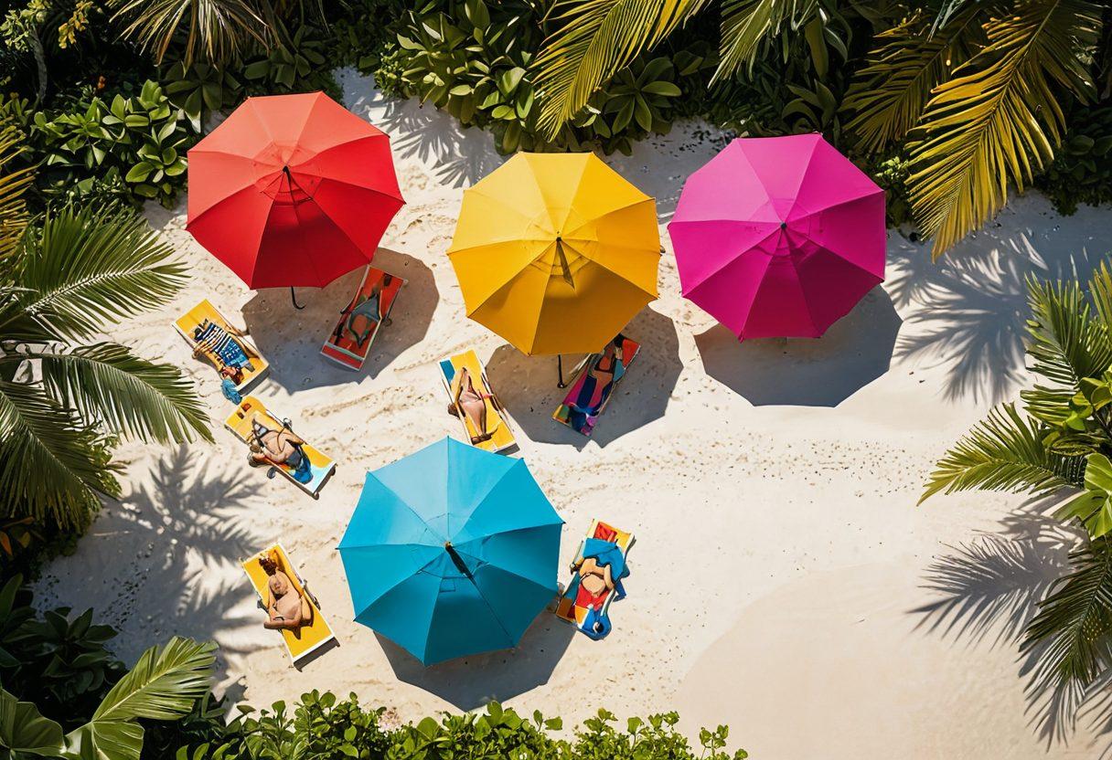 A serene beach scene showcasing a diverse group of stylish individuals wearing vibrant eco-friendly swimwear made from recycled materials. Include colorful beach umbrellas, soft white sand, and crystal-clear water, with lush tropical plants in the background. The sun shines brightly, evoking a sense of joy and relaxation. Capture the essence of sustainability and modern fashion. super-realistic. vibrant colors. beach setting.